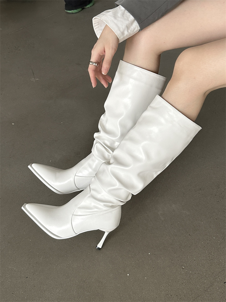 2023 New Autumn Winter Pointed Toe Thin Heel Denim Folded High Tube Stacked Boots Women High Heel Fashion European American Long Boots - Image 2