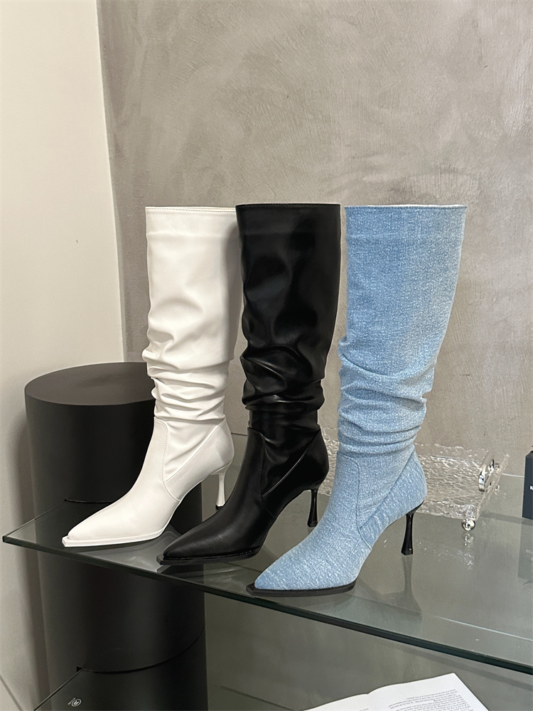 2023 New Autumn Winter Pointed Toe Thin Heel Denim Folded High Tube Stacked Boots Women High Heel Fashion European American Long Boots - Image 4