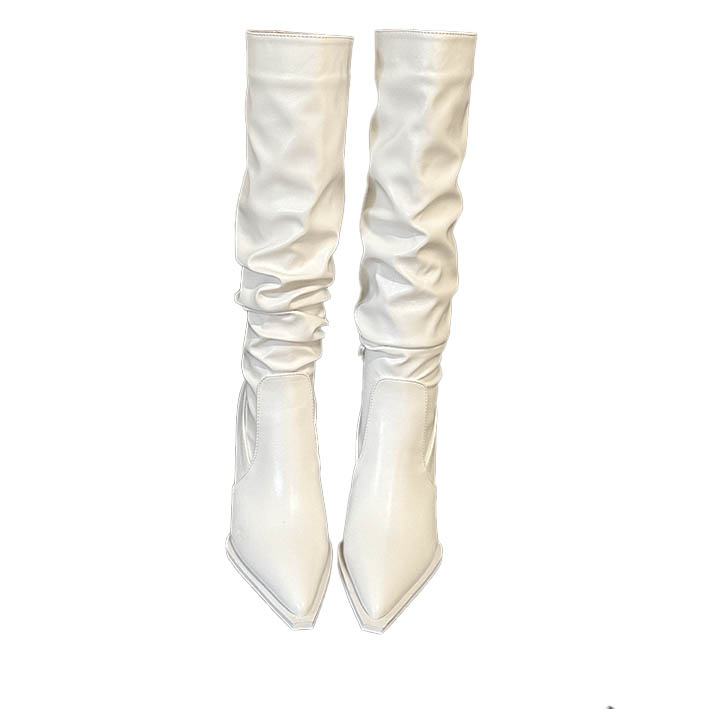 2023 New Autumn Winter Pointed Toe Thin Heel Denim Folded High Tube Stacked Boots Women High Heel Fashion European American Long Boots - Image 5