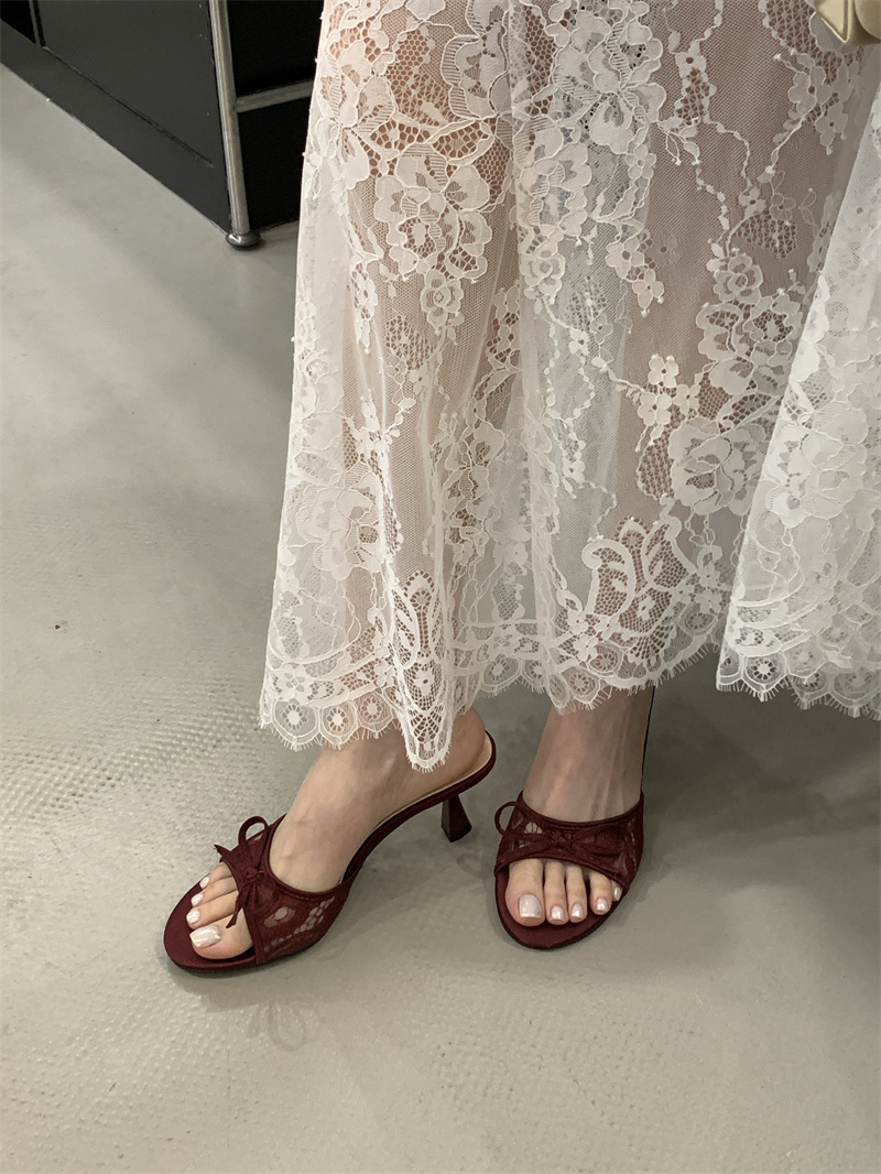 2026 Summer Women's Mesh Bow Roman Style Open Toe Slippers with Thin High Heels 35-40 - Image 3