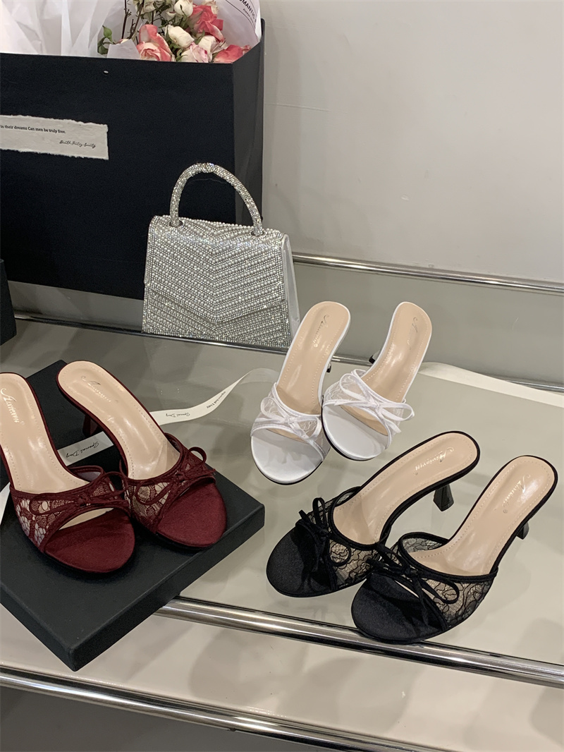 2026 Summer Women's Mesh Bow Roman Style Open Toe Slippers with Thin High Heels 35-40 - Image 4