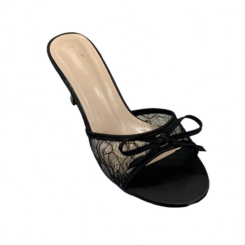 2026 Summer Women's Mesh Bow Roman Style Open Toe Slippers with Thin High Heels 35-40 - Image 5