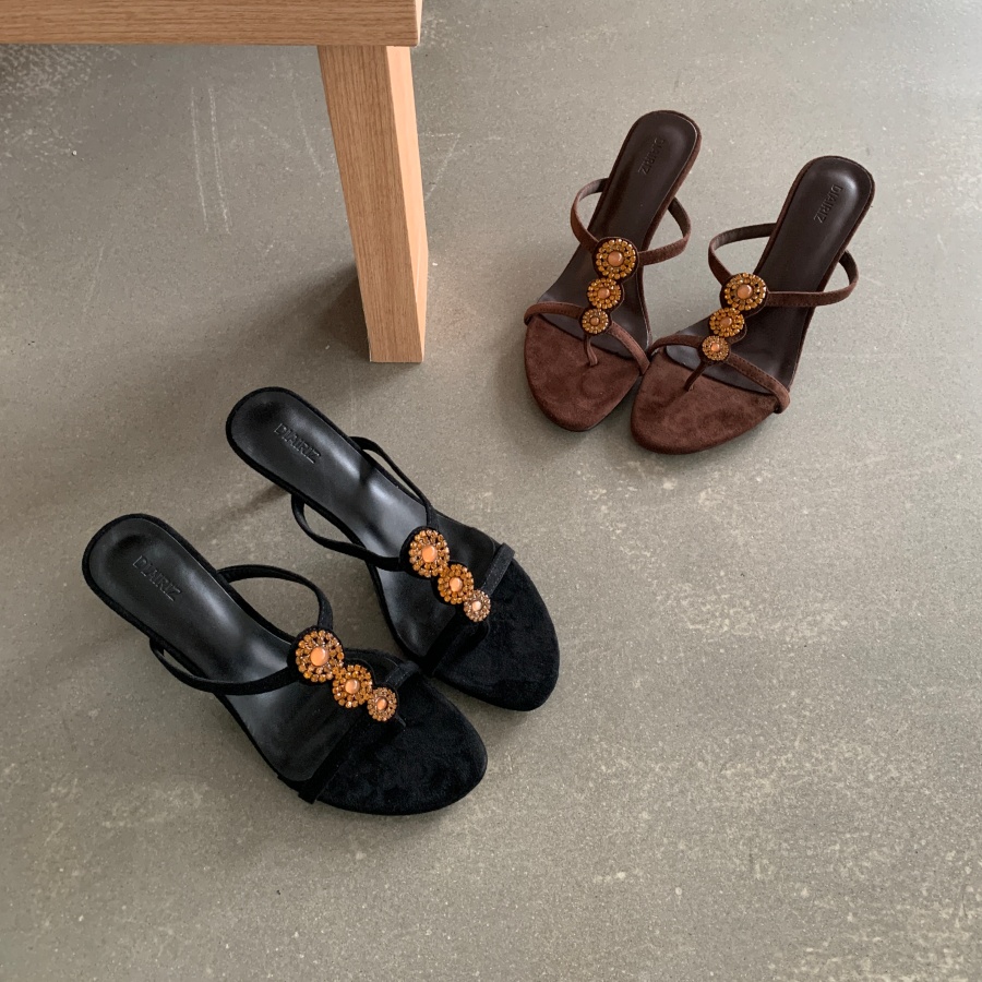 DIAIRIZ Retro Rhinestone Toe Thong Sandals for Women High Heel Slippers Elegant Chic