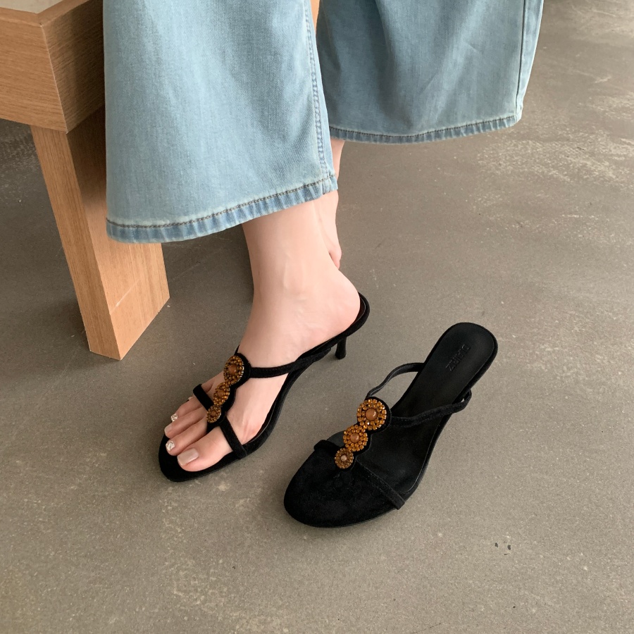 DIAIRIZ Retro Rhinestone Toe Thong Sandals for Women High Heel Slippers Elegant Chic - Image 5