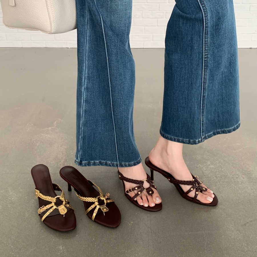 DIAIRIZ Retro Woven Hollow Buckle Sandals Women 2026 New Style Thin Heel Open Toe Slip On