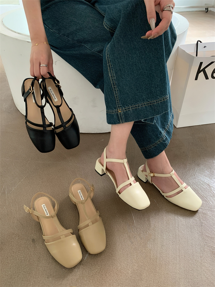 French Style Chunky Heel Mary Jane Shoes for Women 2024 Autumn New Open Toe Hollow Design Low Top Casual Shoes
