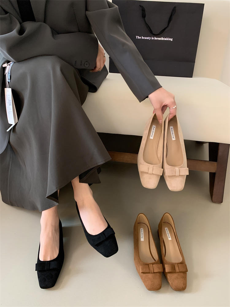Retro Design Women's Flat Shoes 2024 Autumn New Square Toe Shallow Mouth Bowknot Chunky Heel Versatile Mary Jane Shoes