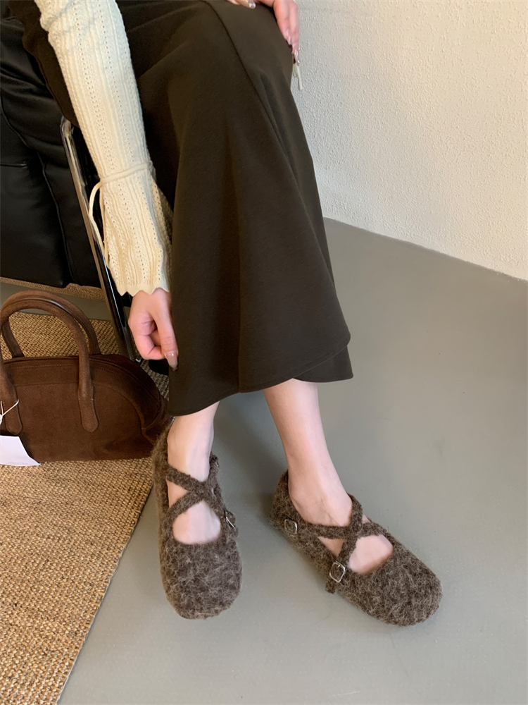 Vintage Velvet Mary Jane Shoes for Women 2024 Winter Lined Cross Strap Fluffy Flat Shoes - Image 2